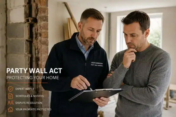 Party wall surveyor Locks Heath discussing extension plans with homeowner outside a UK semi-detached house.